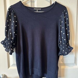 Adrianna Papell Navy Blouse with Polka Dot Sleeves